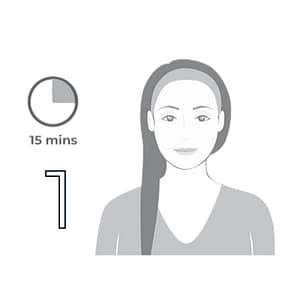 step 1, Apply a thin layer on a rested skin and leave on for 15 minutes.